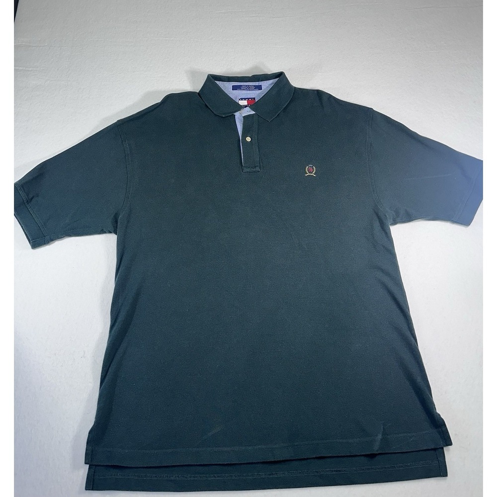 VTG Tommy Hilfiger Polo Shirt XL Green Pique Cotton Crest Logo 90s Prep Saipan